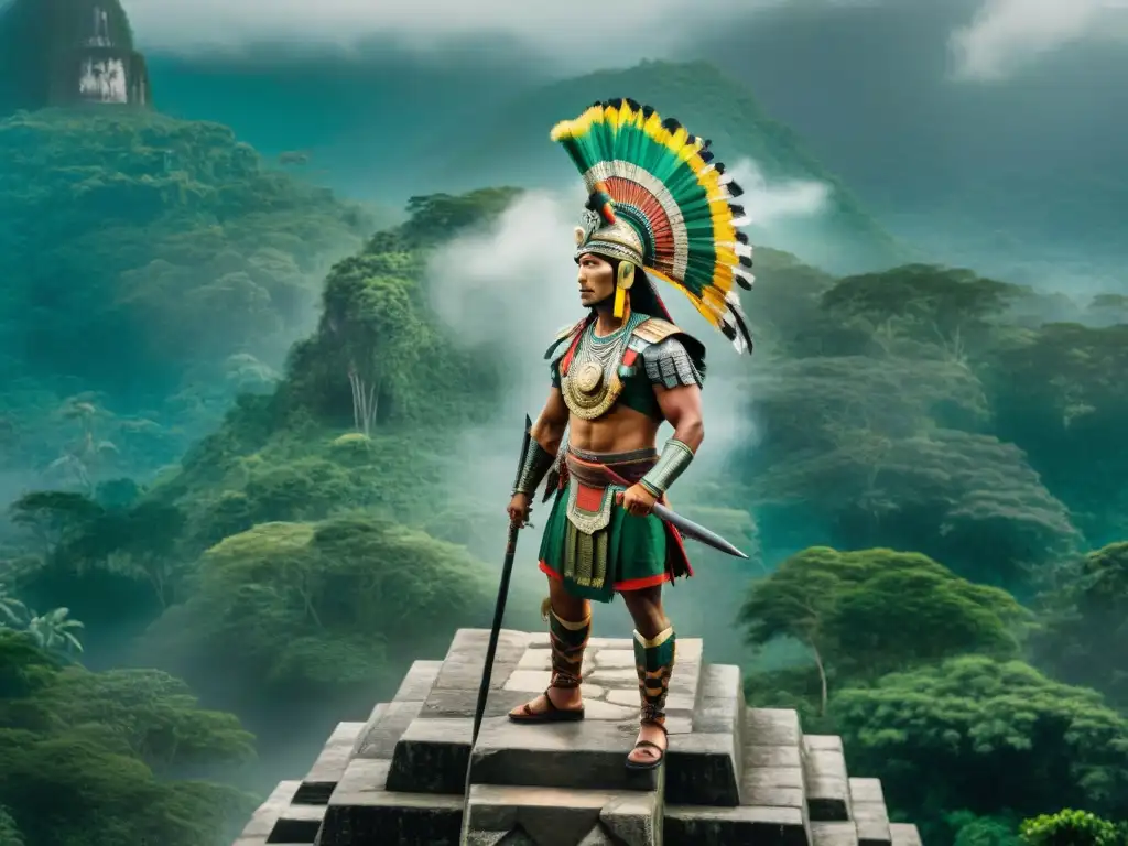 Impresionante imagen de guerreros mayas en defensa de ciudades-estado, con atuendos vibrantes y paisaje selvático exuberante