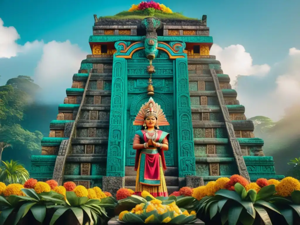 Una impresionante imagen 8k de un vibrante mural maya detallado, mostrando una escena de ofrendas ceremoniales