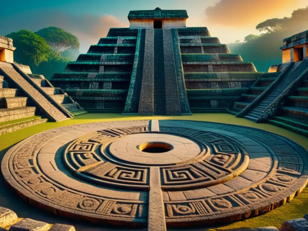 Impresionante juego de pelota maya con grabados detallados y el sol poniente resaltando su significado cultural