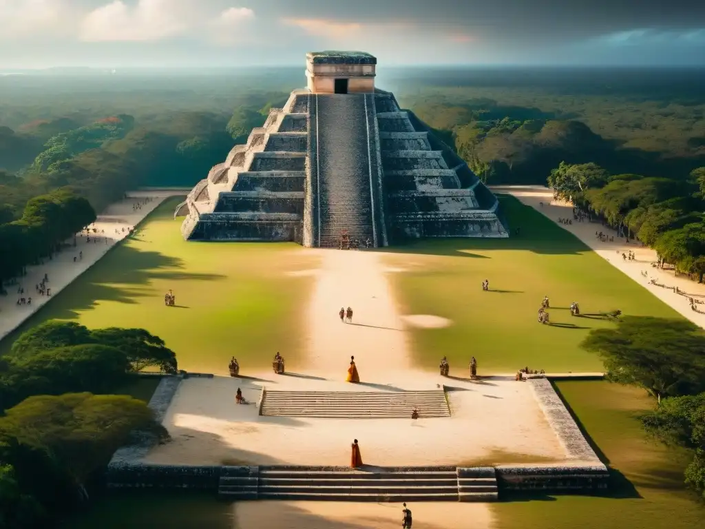 Impresionante juego de pelota maya en Chichén Itzá al atardecer, resaltando su significado histórico y cultural