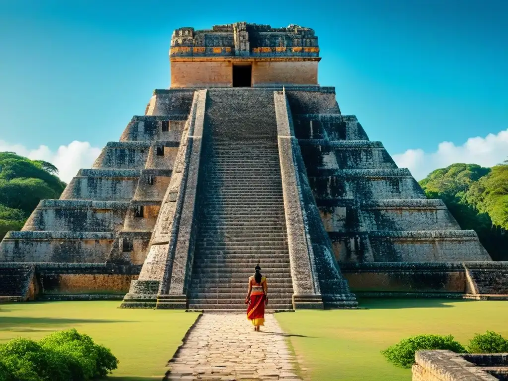 Impresionante leyenda enano Uxmal maya: Pirámide del Adivino destaca contra cielo azul, rodeada de exuberante vegetación