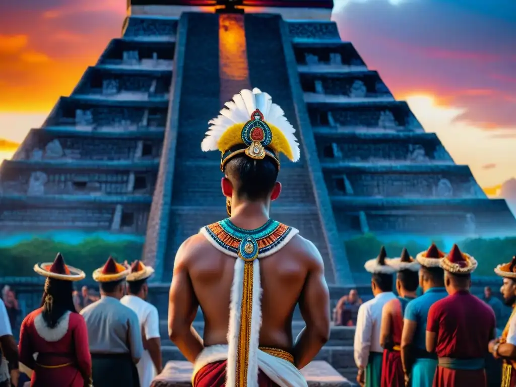 Impresionante mural de sacrificio humano en civilización maya con sacerdotes y altar en ciudad maya al atardecer