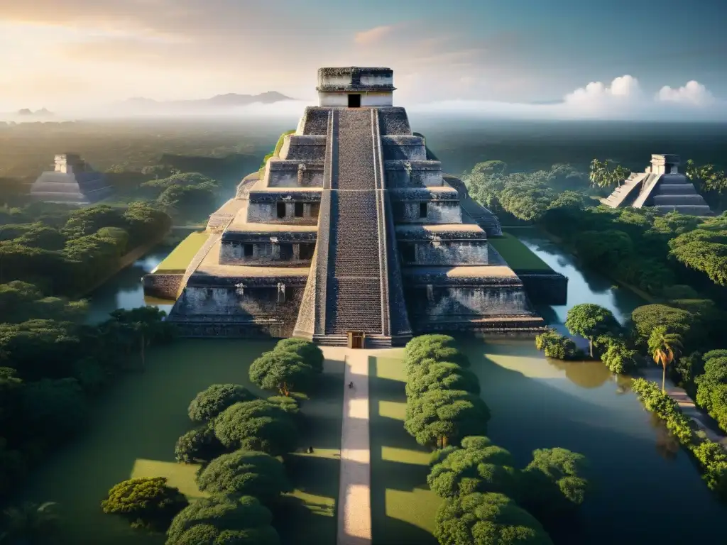 Impresionante narrativa visual en arquitectura maya: ciudad con templos, pirámides y áreas residenciales entrelazadas por caminos y senderos, resaltando la precisión arquitectónica y significado simbólico de cada edificio