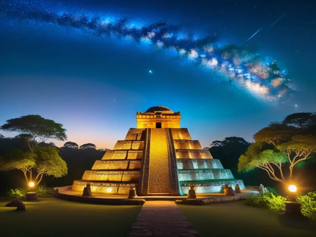 Impresionante observatorio astronómico Maya de noche, con planetas alineados según la cosmología, rodeado de selva y ruinas antiguas