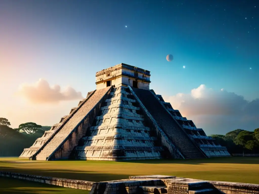 Impresionante observatorio astronómico maya en Chichen Itza con El Castillo iluminado por el sol poniente