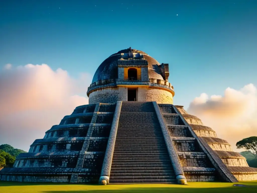 Impresionante observatorio maya Chichén Itzá bajo un cielo estrellado