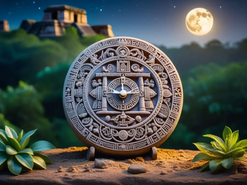 Impresionante representación de la piedra del calendario maya, iluminada por la luz de la luna en la selva