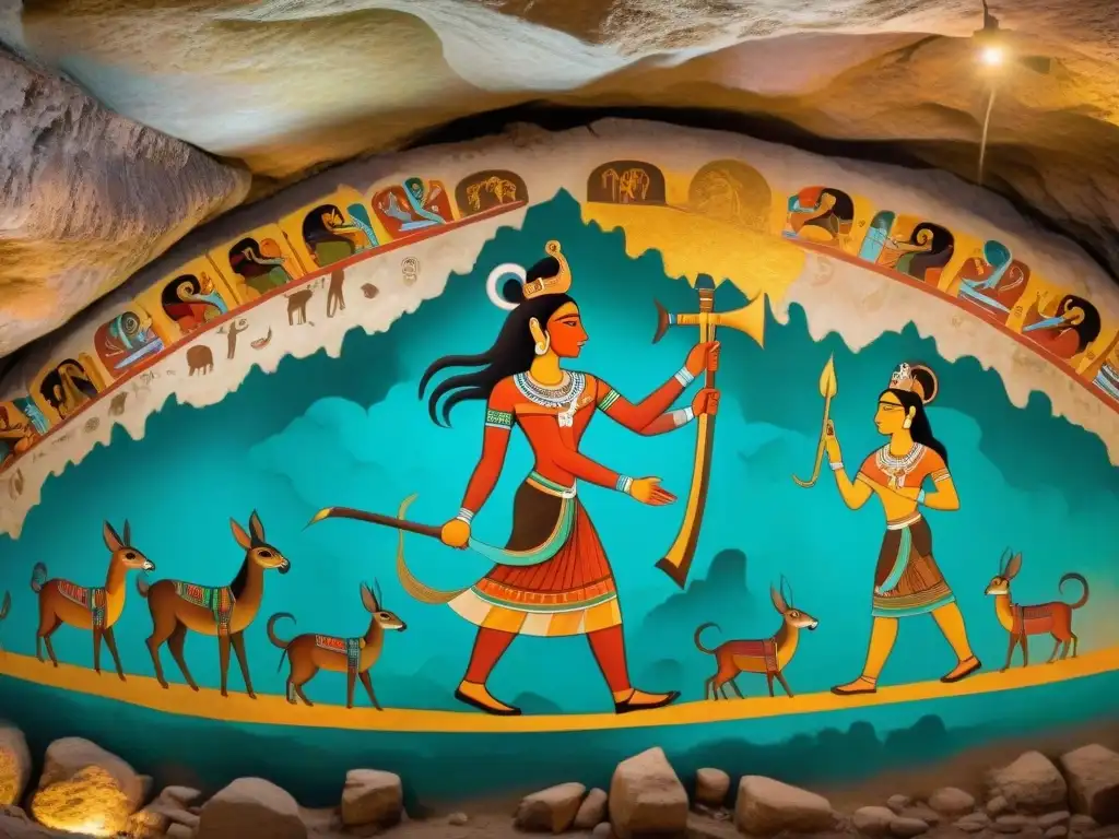 Una impresionante pintura maya en frescos subterráneos, con colores vibrantes y detalles intrincados