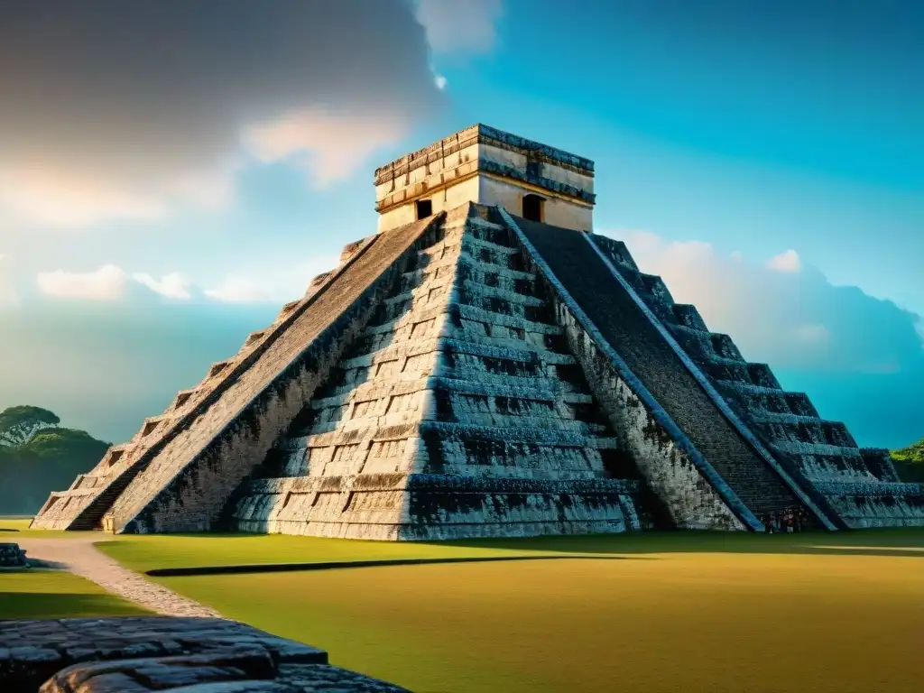 Impresionante pirámide de El Castillo en Chichen Itzá, resaltando su belleza arquitectónica y detalles de cantera