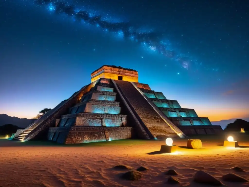 Impresionante sitio de observación maya en la noche con estructuras silueteadas y constelaciones en el cielo estrellado