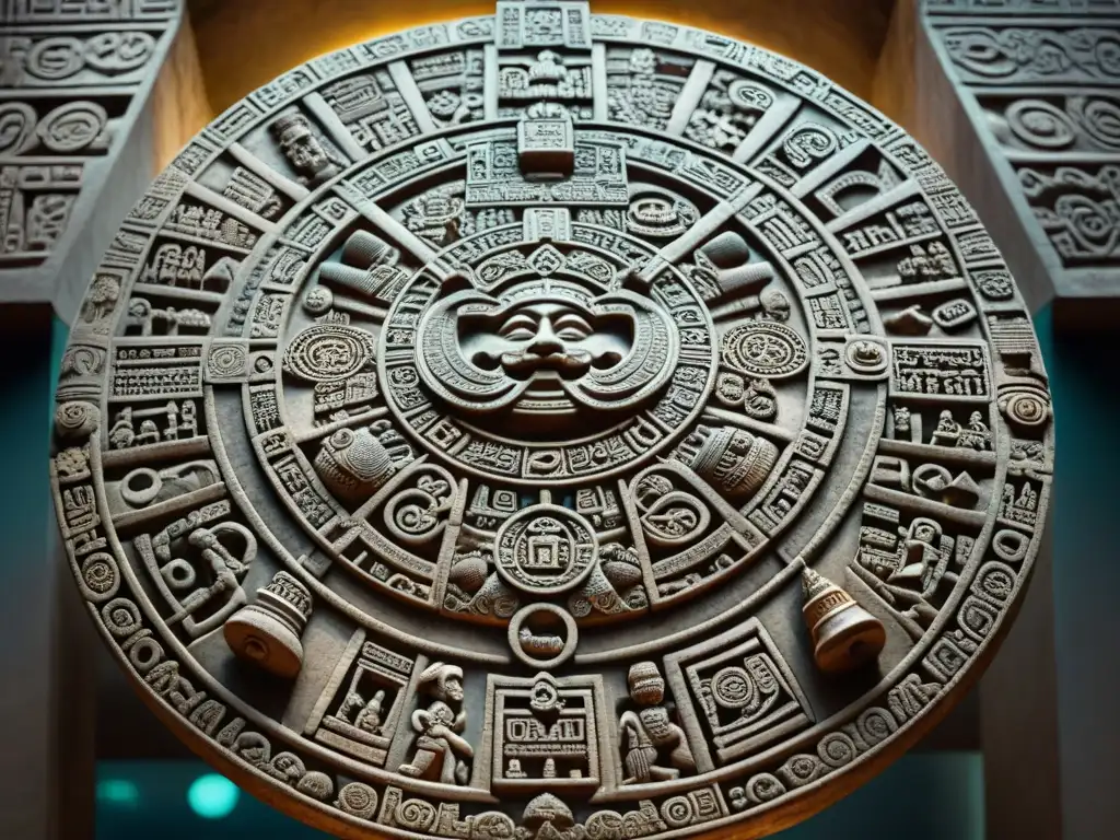 Impresionante tallado de piedra del detallado Calendario Maya ciclos largos, mostrando glifos y símbolos en una tableta masiva