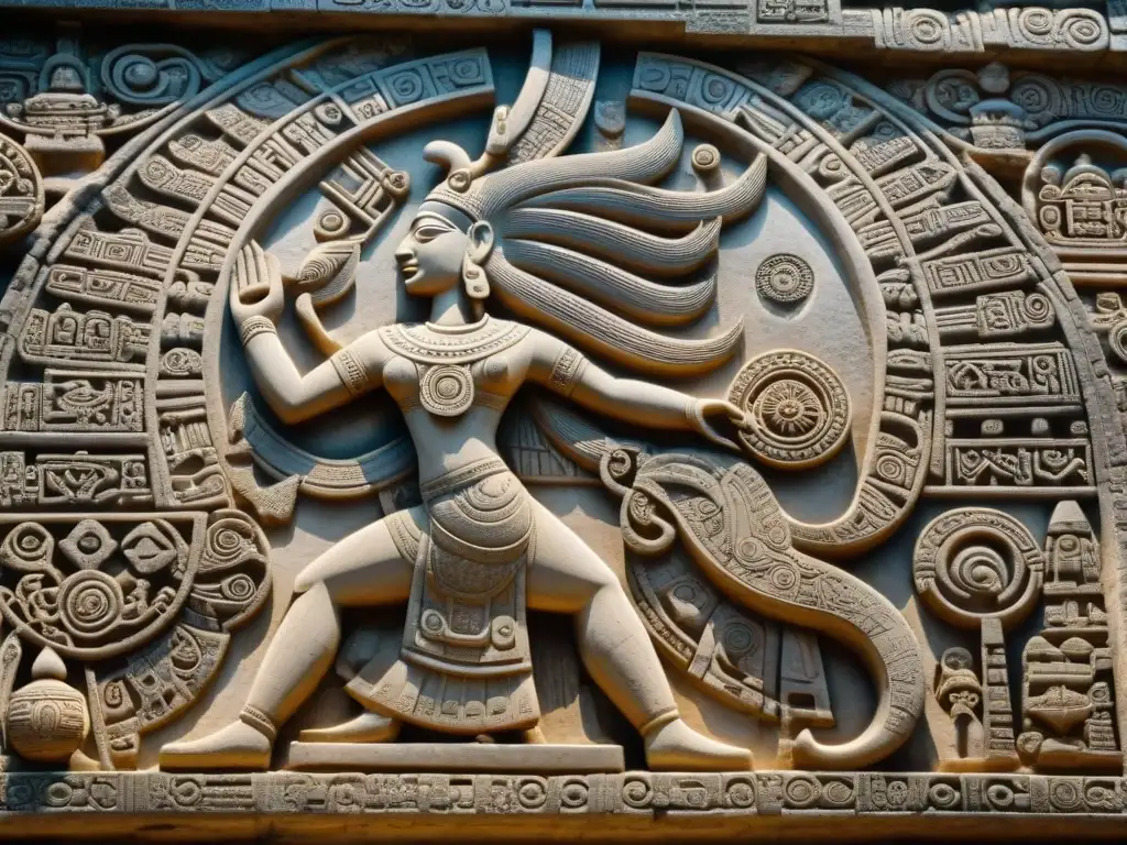 Impresionante tallado de piedra del dios maya Kukulkan en forma celestial, reflejando la conexión con la astronomía divina