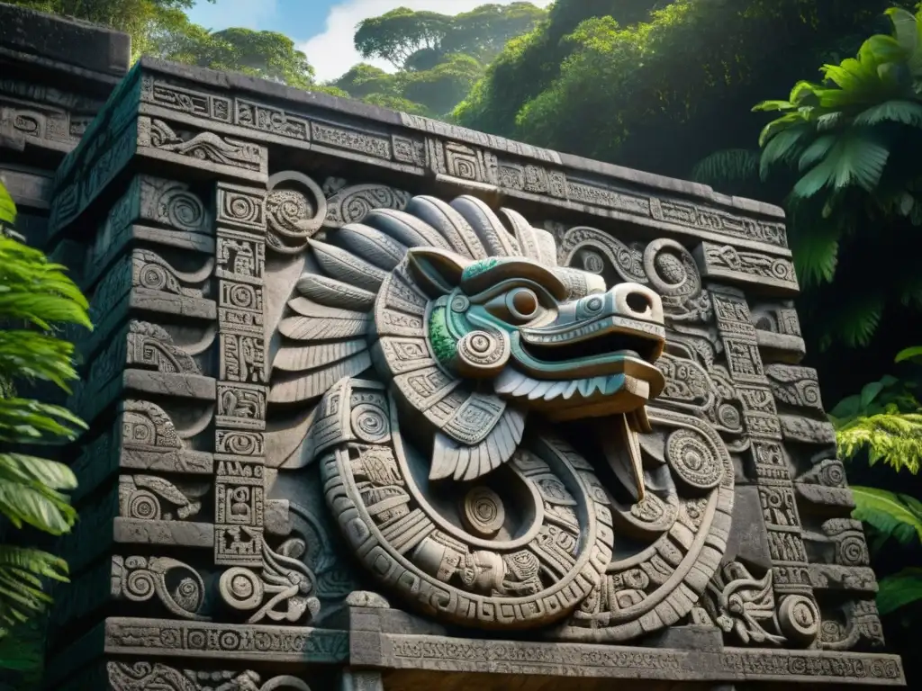 Impresionante tallado de Quetzalcóatl en templo maya con selva de fondo