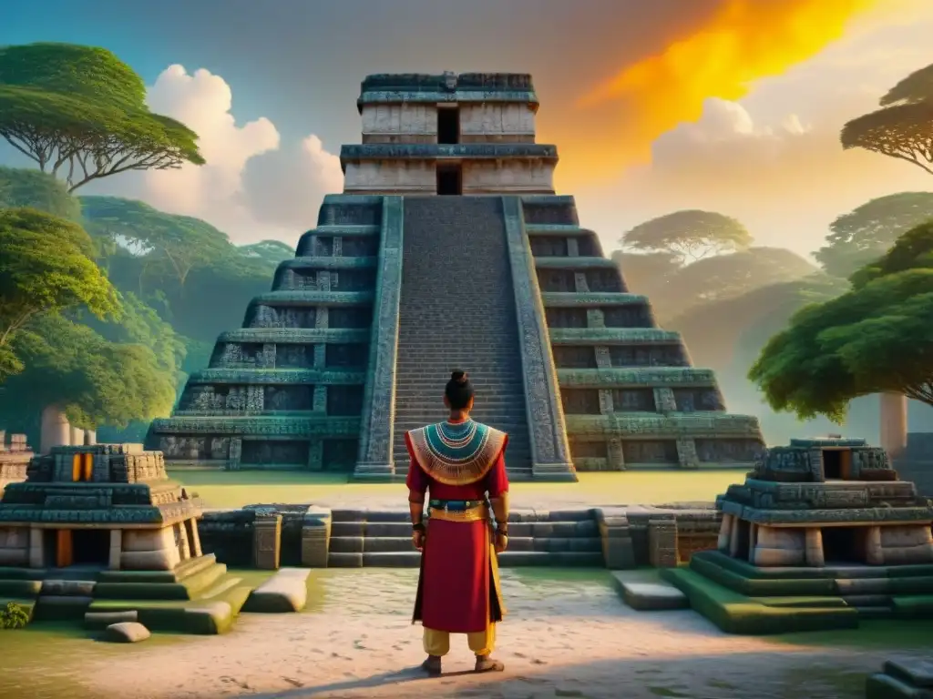 Impresionante reconstrucción 3D de un templo Maya con colores vibrantes y detalles intrincados, rodeado de exuberante vegetación