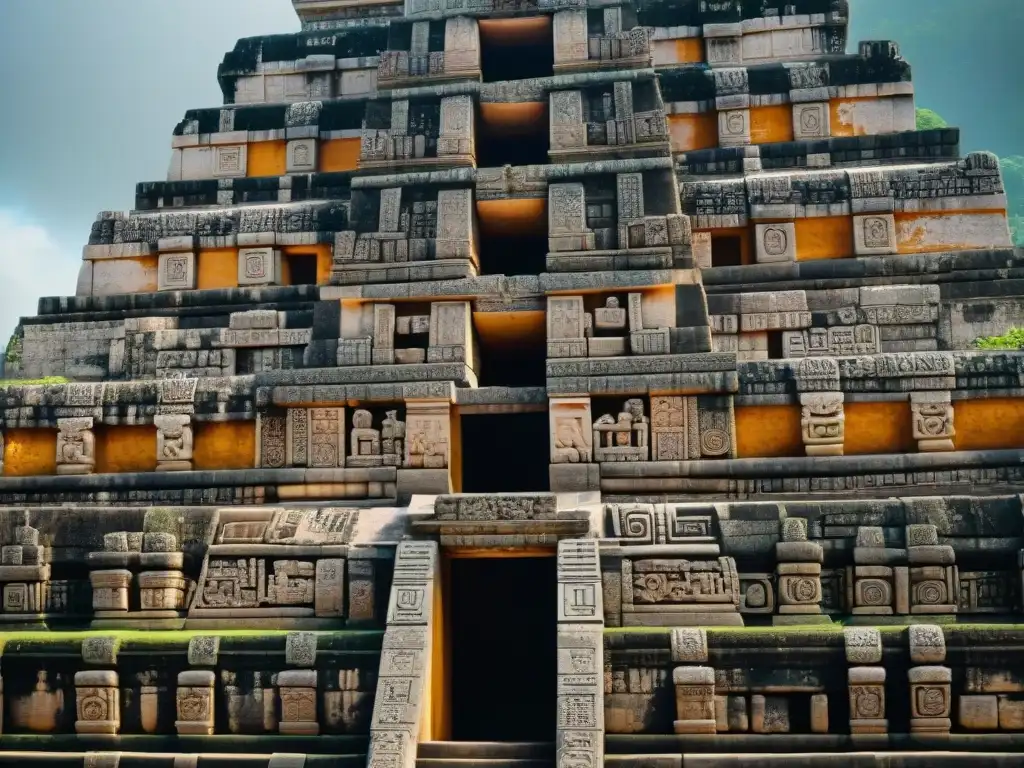 Impresionante templo maya con detallados grabados en piedra, reflejando la resistencia ante desafíos climáticos en construcciones mayas