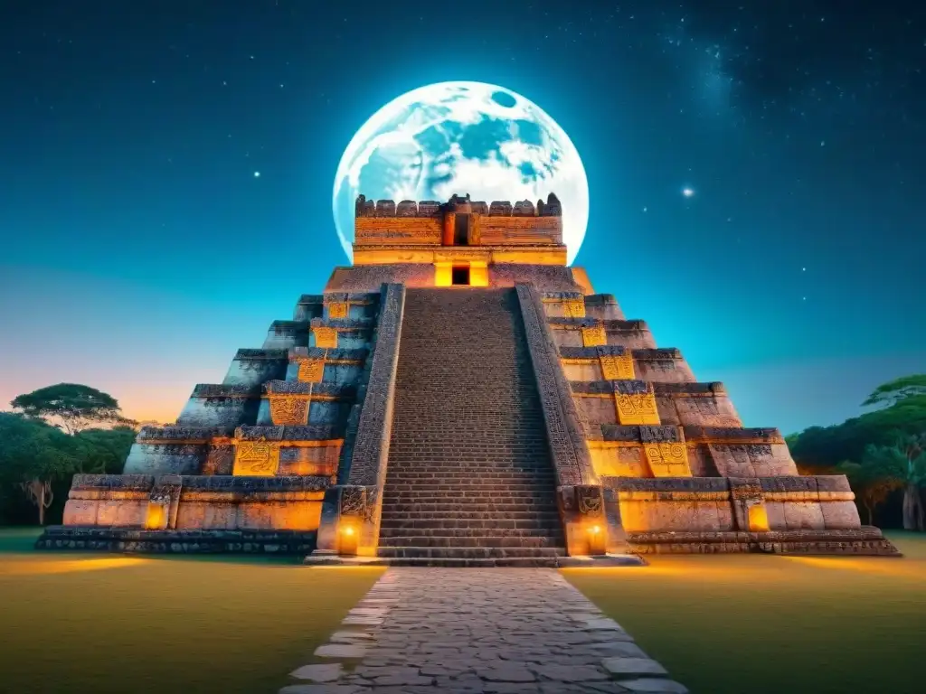 Impresionante templo maya iluminado por la luna llena, con tallados detallados y símbolos celestiales