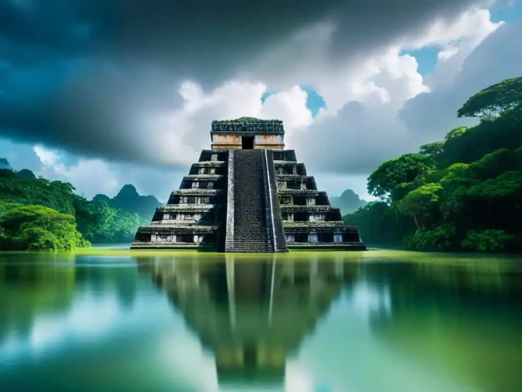 Impresionante templo maya parcialmente sumergido, reflejando su fachada en el agua, bajo cielo tormentoso