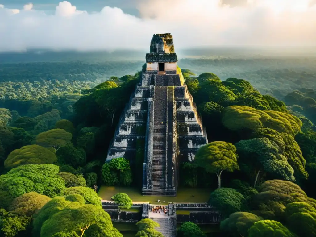 Impresionante vista aérea de Tikal, resaltando la preservación de arquitectura maya con tecnología