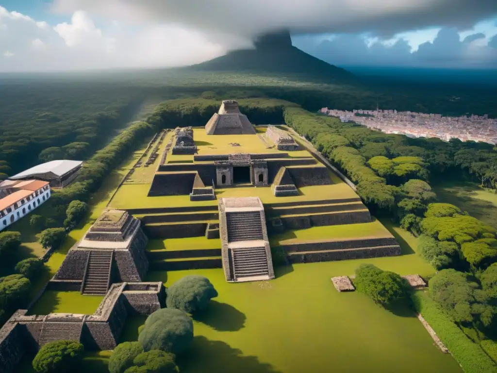 Impresionante vista aérea del sitio arqueológico Cancuén, revelando su centro comercial maya