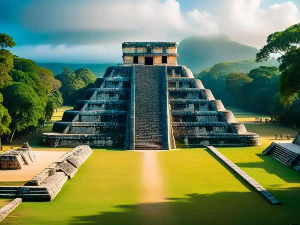 Impresionante vista de la Gran Cancha de Chichén Itzá, destacando sus muros de piedra e intrincadas decoraciones