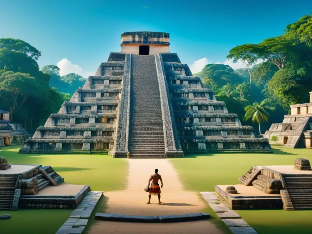 Una impresionante vista de un sitio arqueológico maya bien conservado con intrincadas esculturas representando el juego de pelota