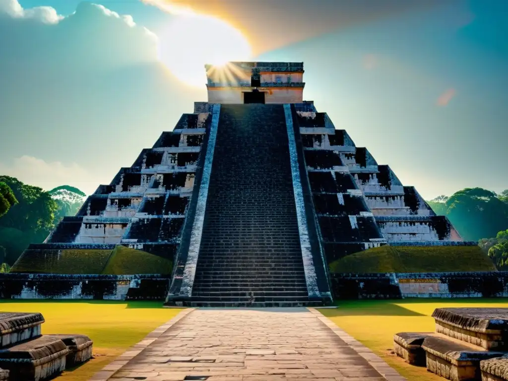 Increíble detalle del Templo de Kukulkán en Chichén Itzá, bañado por la luz dorada del sol en el equinoccio