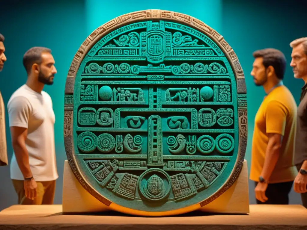 Increíble réplica maya digital detallada de una estela tallada, resaltando la fusión de historia y tecnología en réplicas mayas educativas digitales