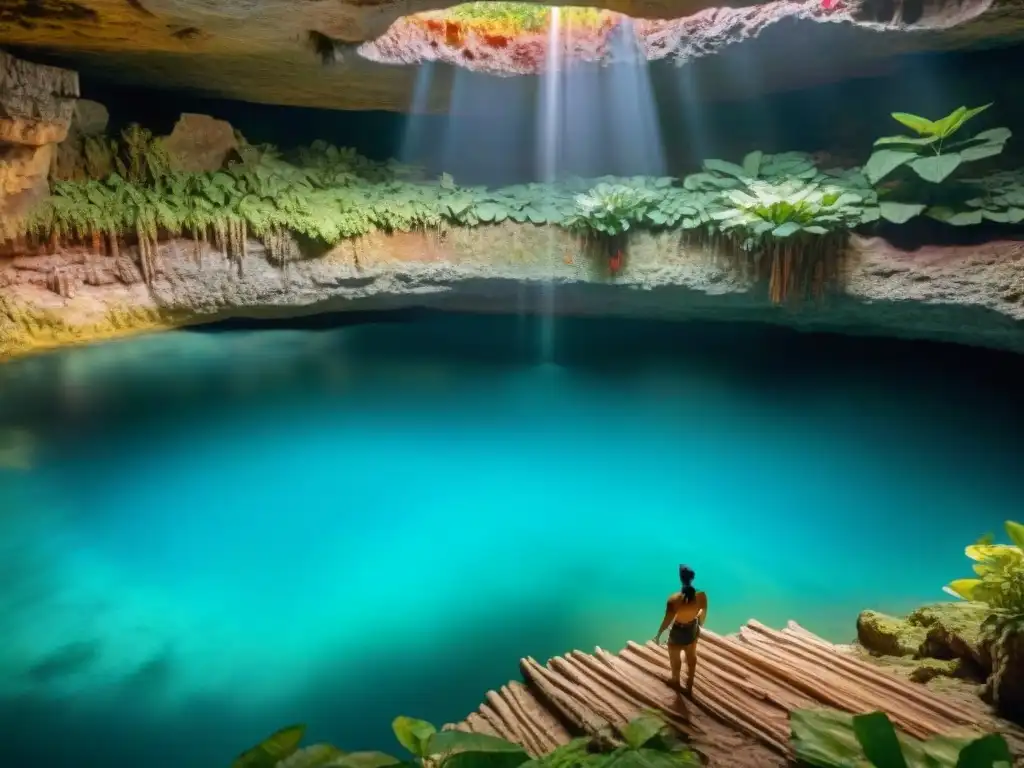 Increíble mural maya de cenotes, con escenas detalladas y colores vibrantes