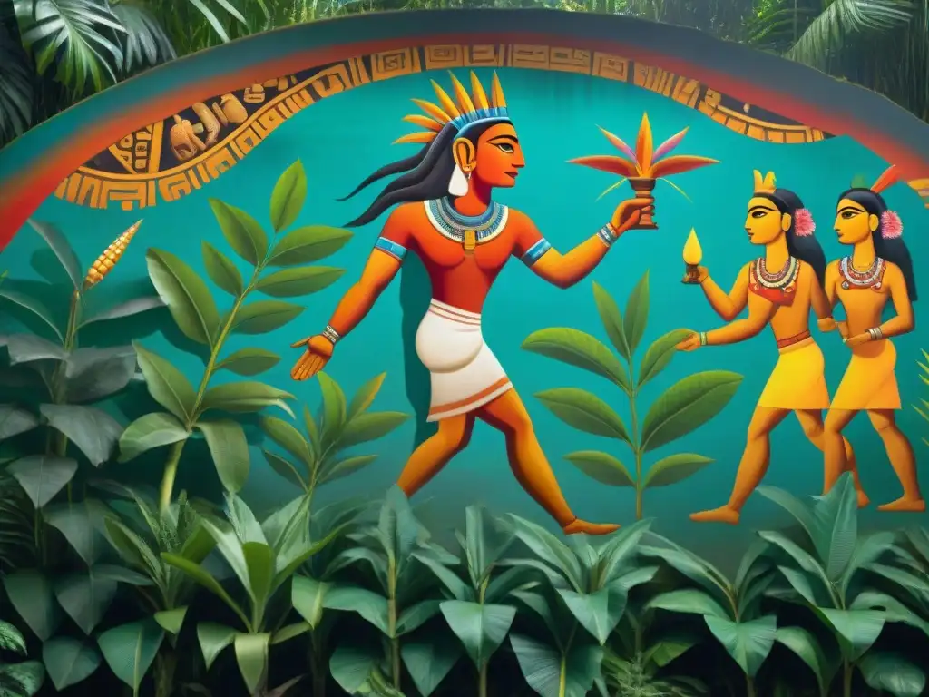 Increíble mural maya detallado del origen del hombre y el maíz, con colores vibrantes y figuras humanas entre plantas de maíz