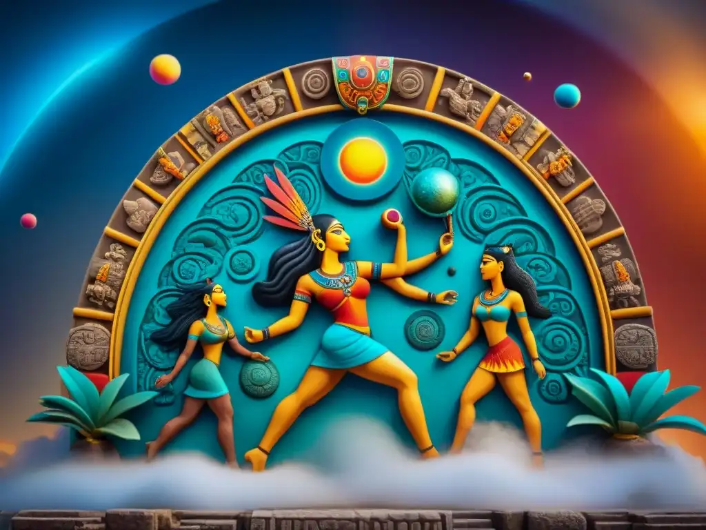 Increíble mural maya detallando los tres niveles del cosmos con hieroglifos, colores vibrantes y deidades