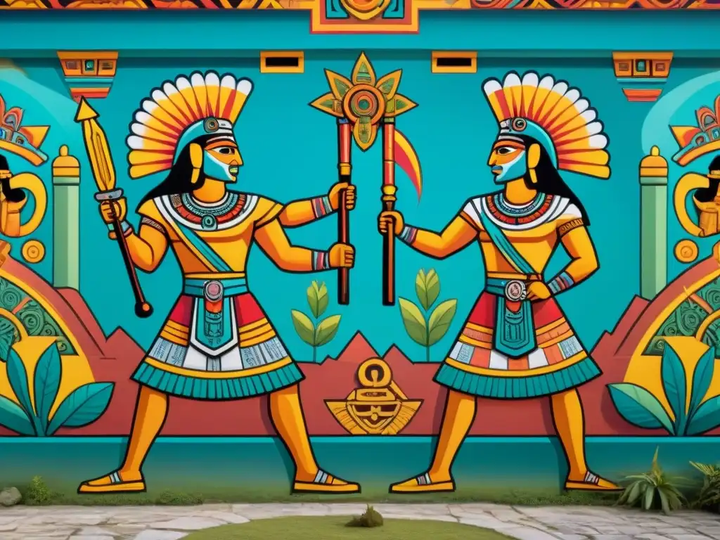 Increíble mural de la Mitología Maya Gemelos Héroes en épica batalla en templo