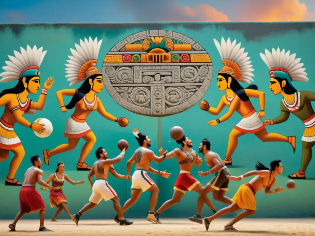 Increíble mural de la pelota maya, con jugadores en acción y espectadores con atuendos tradicionales