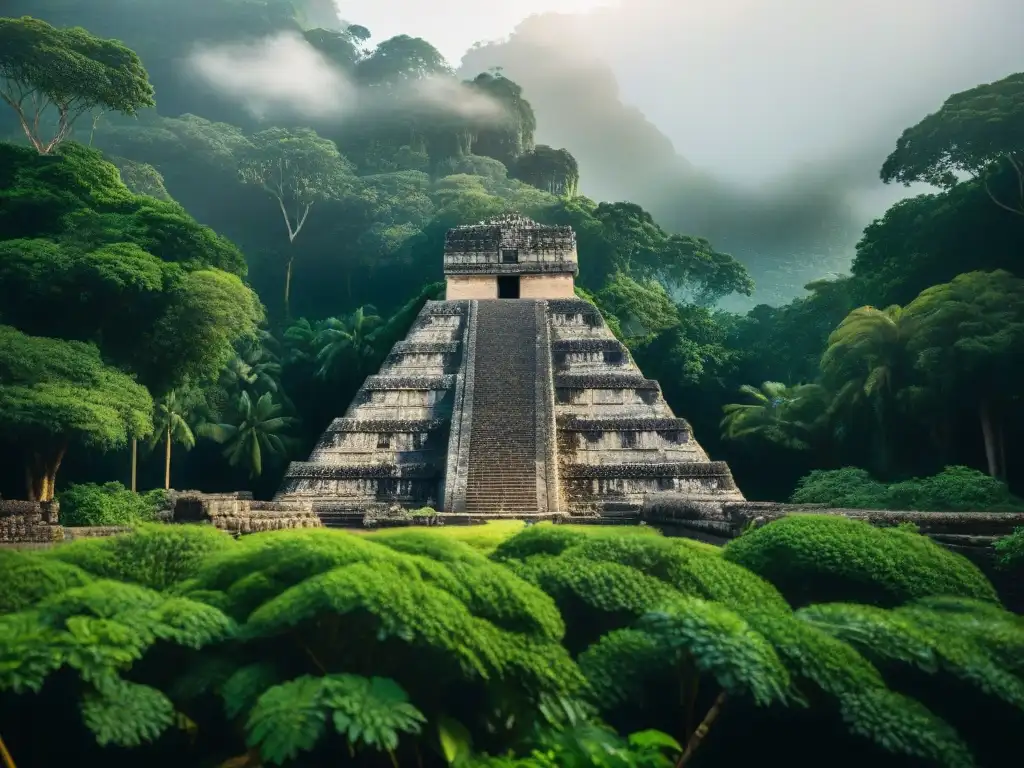 Increíble vista de una pirámide maya rodeada de exuberante jungla, destacando el impacto ambiental de las construcciones mayas