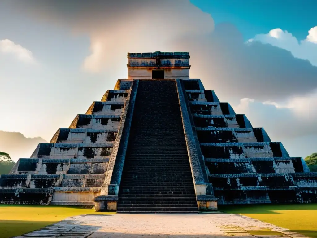 Increíble vista del Templo de Kukulkán en Chichén Itzá durante el equinoccio, con la serpiente de sombra descendiendo