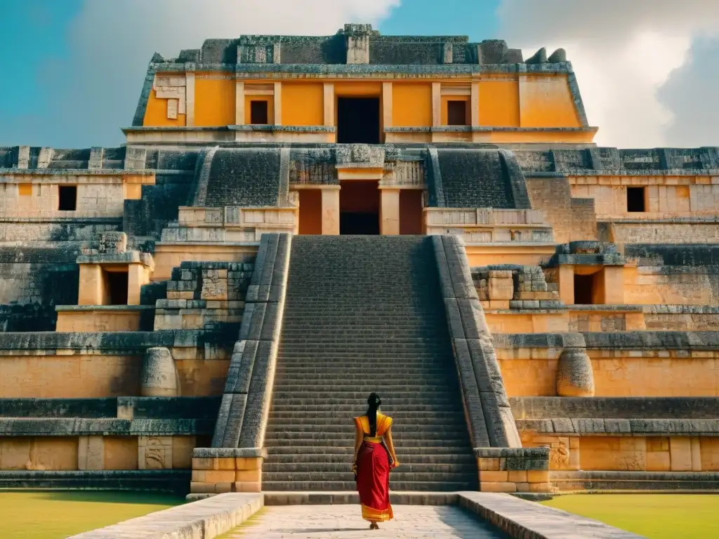 Increíbles detalles arquitectónicos de la fachada del Palacio del Gobernador en Uxmal, resaltados por la luz de la tarde