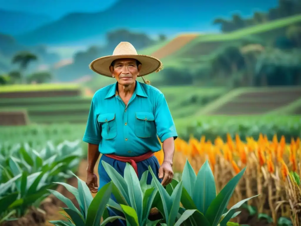 Increíbles innovadoras técnicas de cultivo en la agricultura maya, con un granjero tradicional en un campo exuberante