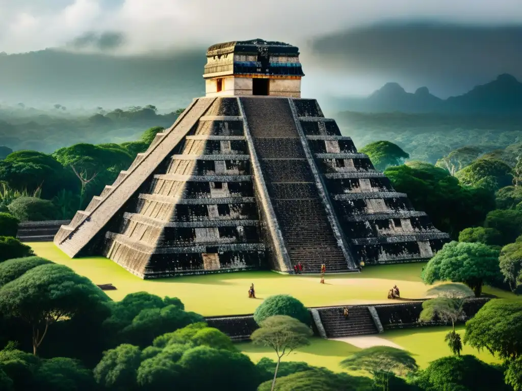 Descubre la influencia arquitectónica Teotihuacán en Mayas: pirámide maya rodeada de selva densa, detalles esculpidos y arqueólogos documentando