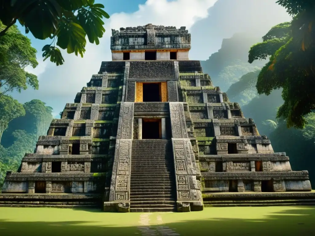 Influencia arquitectura maya caribeña: Detalle de templo maya junto al mar Caribe, fusionando estilos y cultura