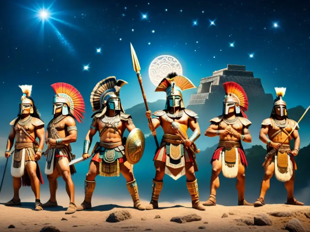 Influencia astral en la planificación militar maya: mural de guerreros mayas en batalla bajo un cielo estrellado y constelaciones detalladas