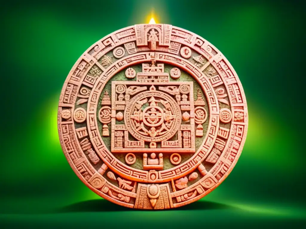 Influencia de la astrología maya: Detalle del calendario maya tallado en piedra, rodeado de naturaleza exuberante y mística