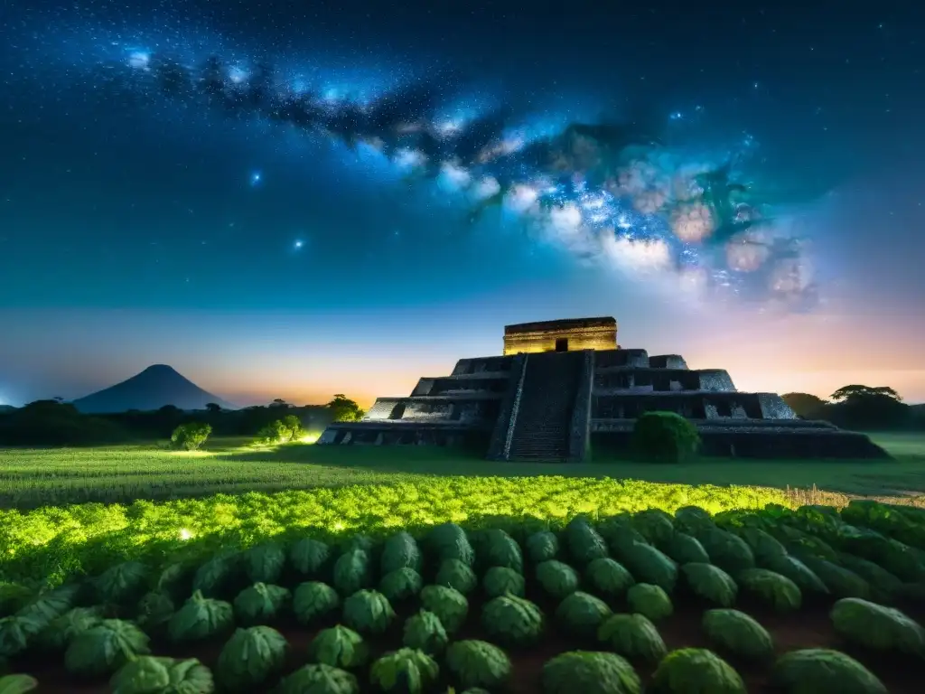 Influencia astronómica en agricultura maya: Noche estrellada sobre campo maya con ruinas y constelaciones