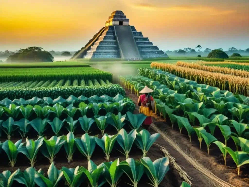 Influencia astronómica en agricultura maya: Maíz, frijol y calabaza en campos al amanecer, con pirámide y estrellas guía