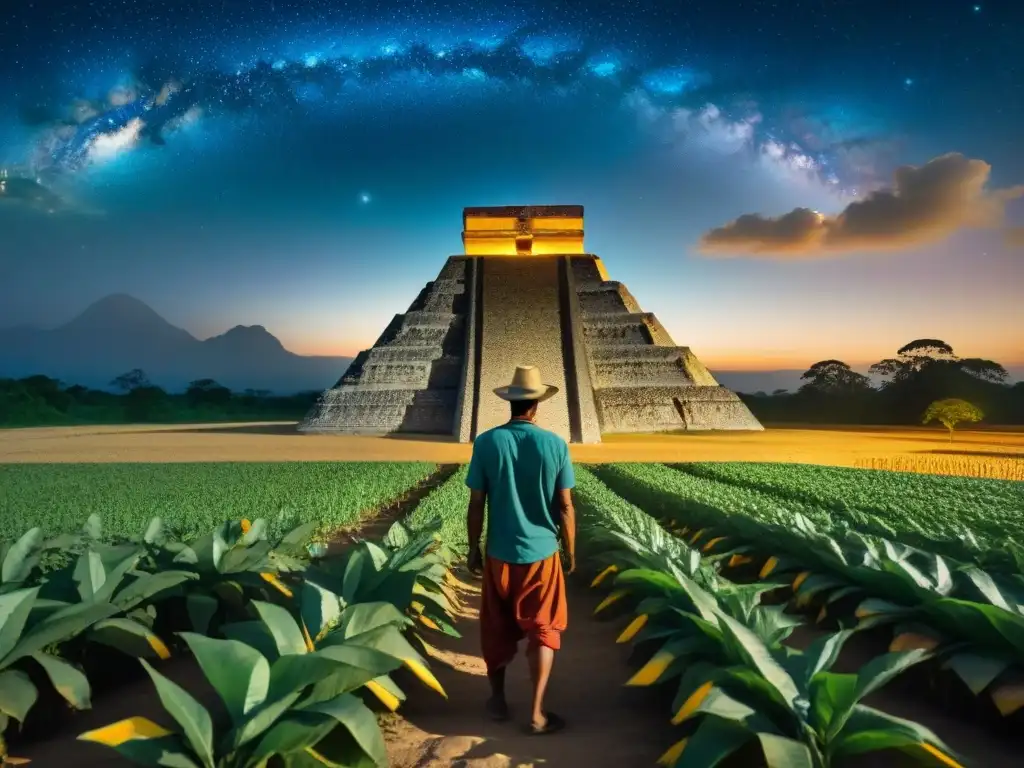 Influencia astronómica en agricultura maya: Campesino maya observando estrellas entre cultivos y una pirámide al fondo