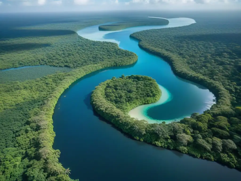 Influencia del cambio climático en sistemas fluviales de la región maya: río serpenteando entre exuberante jungla, cielo azul y ruinas antiguas