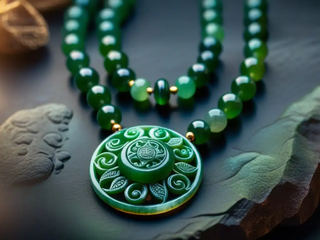 Influencia celestial en joyas mayas: Detalle de un collar de jade con motivos solares, lunares y estelares