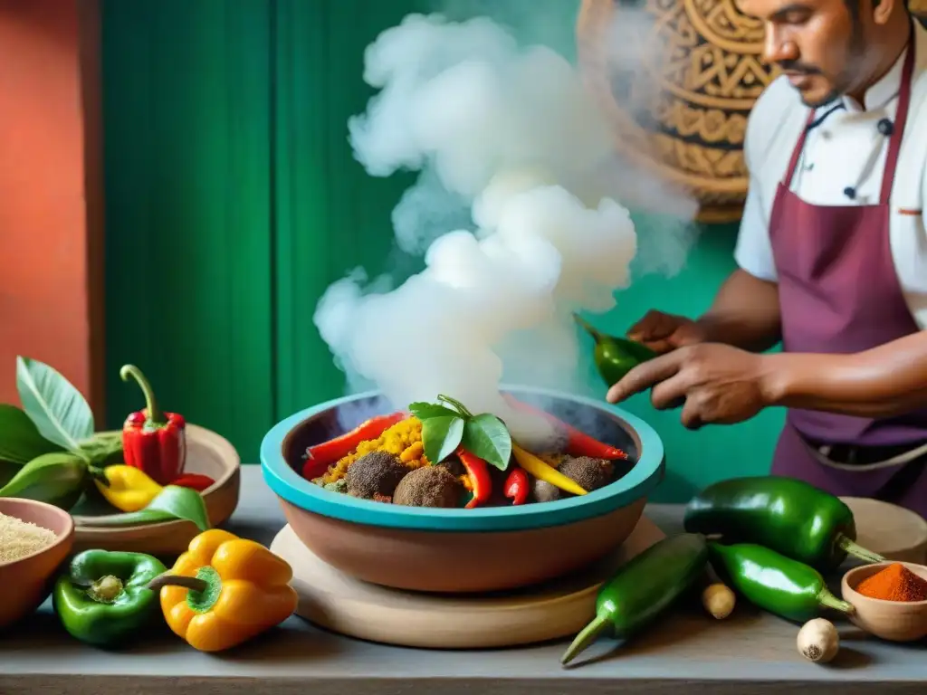 Influencia caribeña en cocina maya: Escena vibrante en una cocina tradicional maya con ingredientes caribeños y un chef local preparando un plato