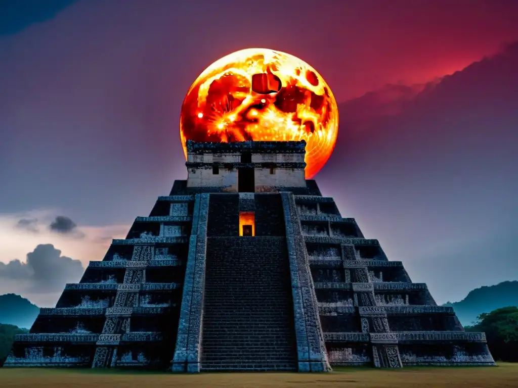 Influencia de eclipses en cultura maya: Templo maya en eclipse lunar rojo sangre, con intrincadas inscripciones iluminadas por la luna