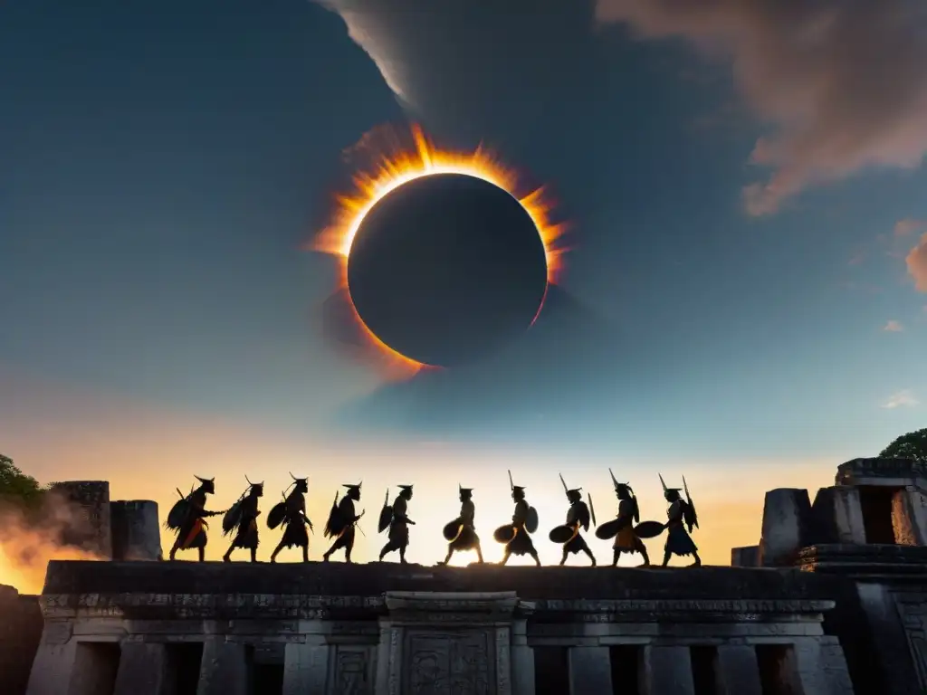 Influencia de eclipses en cultura maya: Eclipse solar sobre ruinas mayas con guerreros en batalla