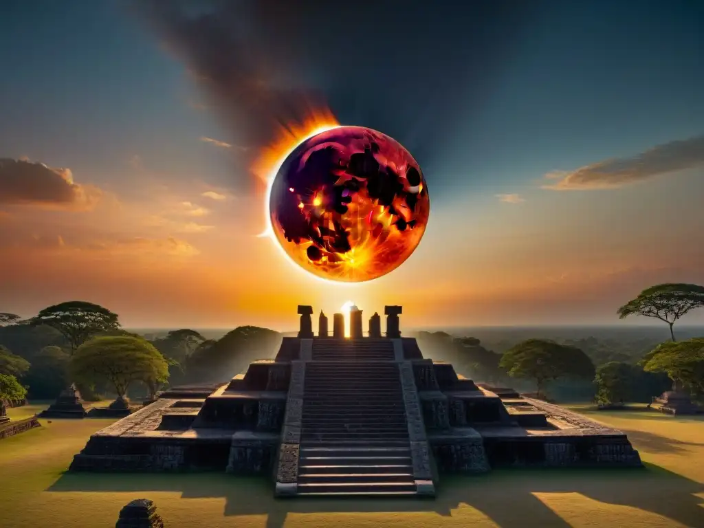 Influencia eclipses en cultura maya: Eclipse solar sobre ruinas mayas, con templo en primer plano y figuras observando