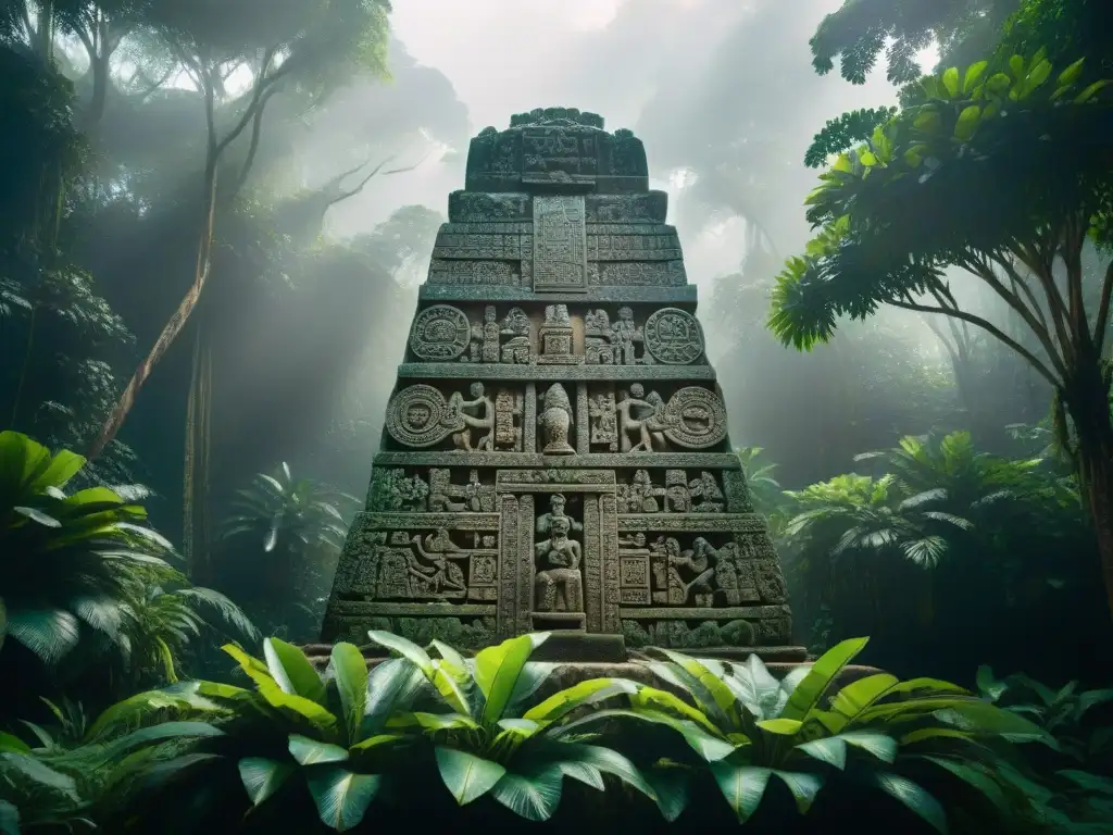 Influencia del entorno natural en los Mayas: Detalles tallados en estela maya, rodeados de exuberante selva tropical